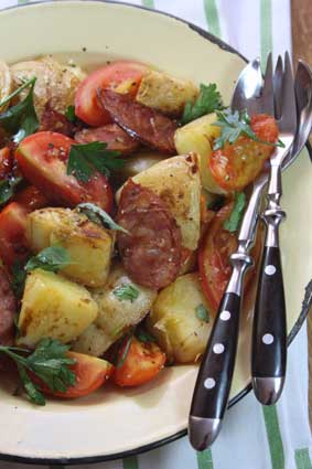 Crispy Fried Potatoes with Chorizo and Ripe Tomatoes