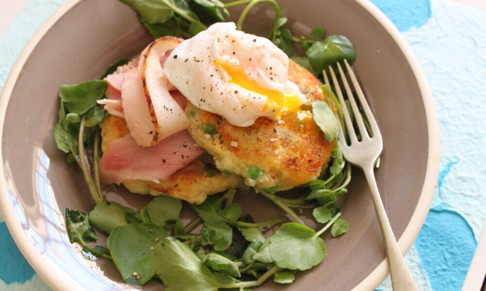 Pea and Potato Cakes with Gypsy Ham and Poached Eggs