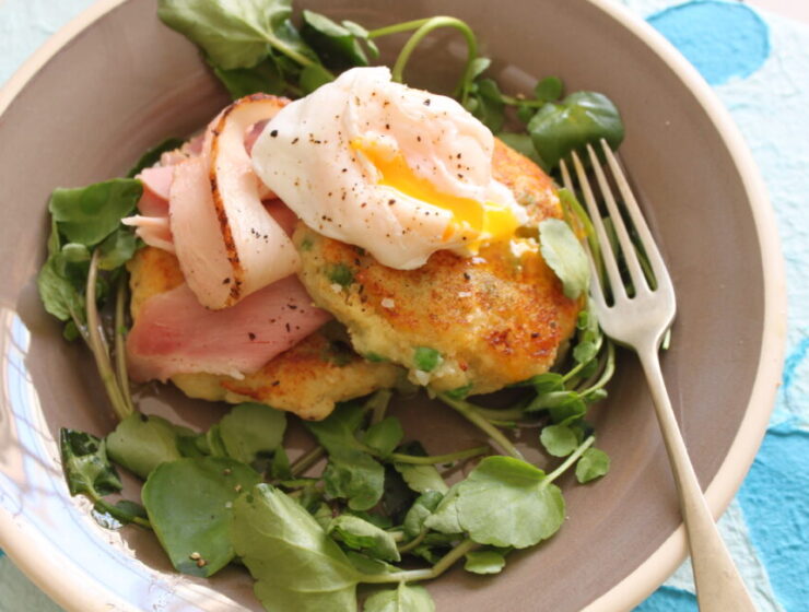 Pea and Potato Cakes with Gypsy Ham and Poached Eggs