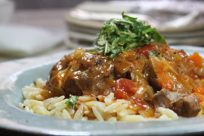 Tender Lamb Stew with Gremolata on Lemon and Parmesan Orzo