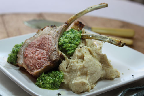 Lemon ’n Pepper Lamb Cutlets with Butterbean Purée and Minty Coriander Pesto