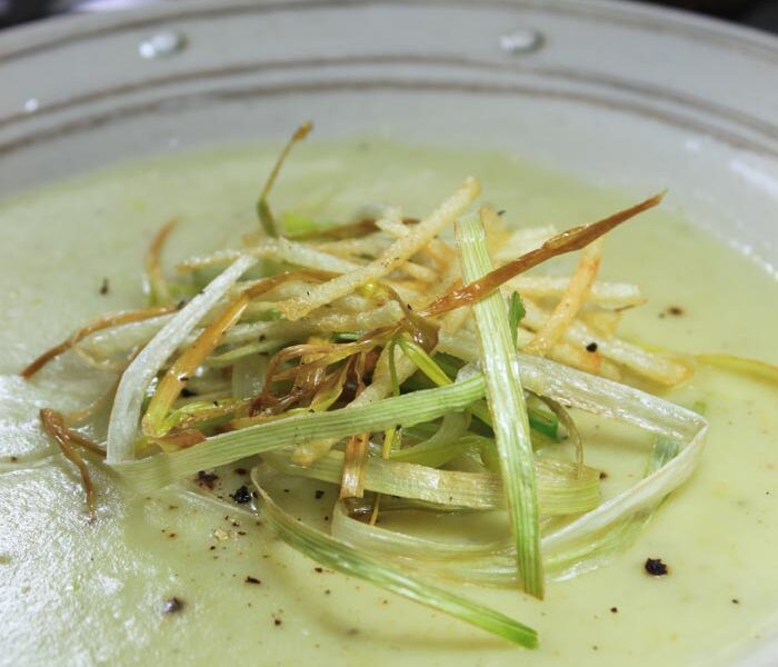Vichyssoise topped with Fried Potatoes and Leeks