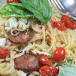 Linguini with Sweet Roasted Tomatoes, Chorizo and Ricotta tossed in basil dressing