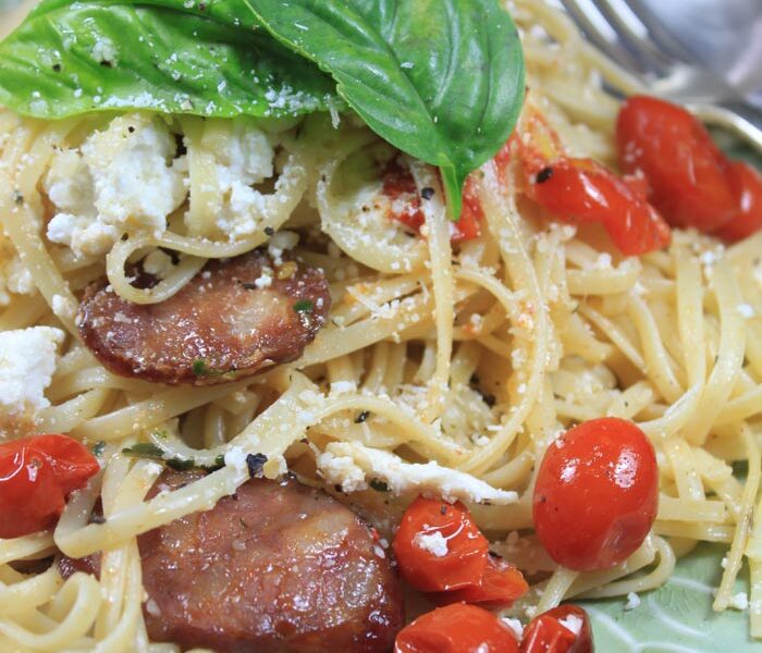 Linguini with Sweet Roasted Tomatoes, Chorizo and Ricotta tossed in basil dressing