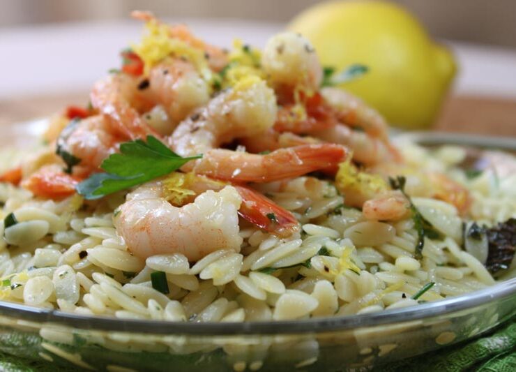 Garlic Prawns on Lemon and Herb Orzo