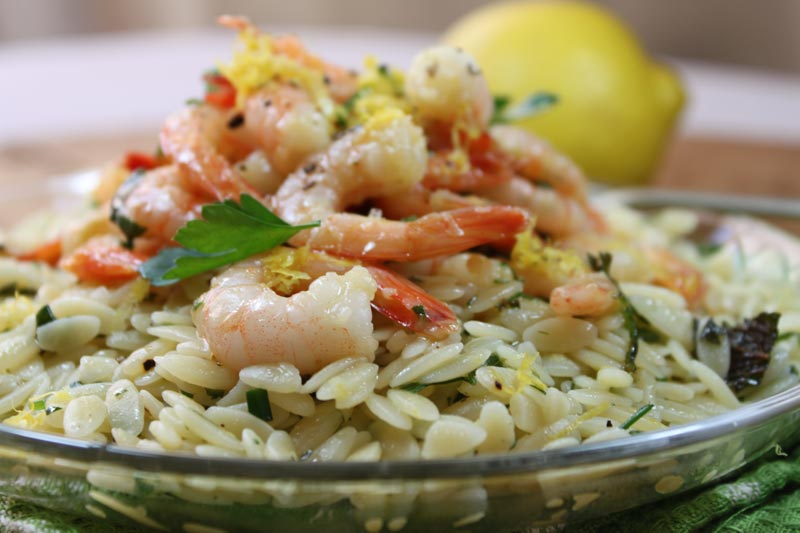 Garlic Prawns on Lemon and Herb Orzo
