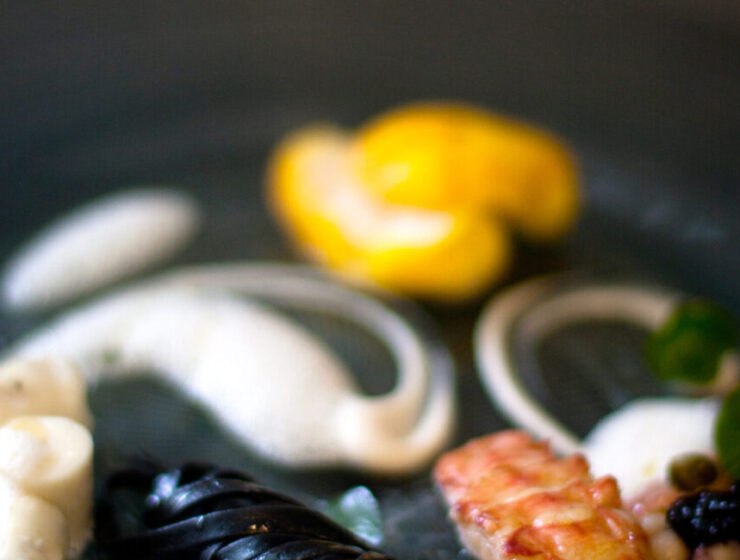 Pan-seared Langoustine, Saffron Monkfish, Squid Ink Tagliatelle Recipe