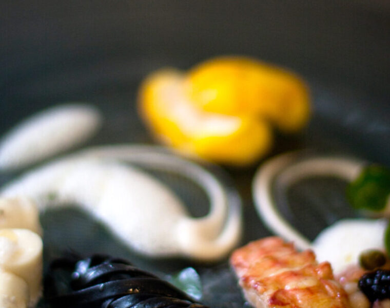 Pan-seared Langoustine, Saffron Monkfish, Squid Ink Tagliatelle Recipe