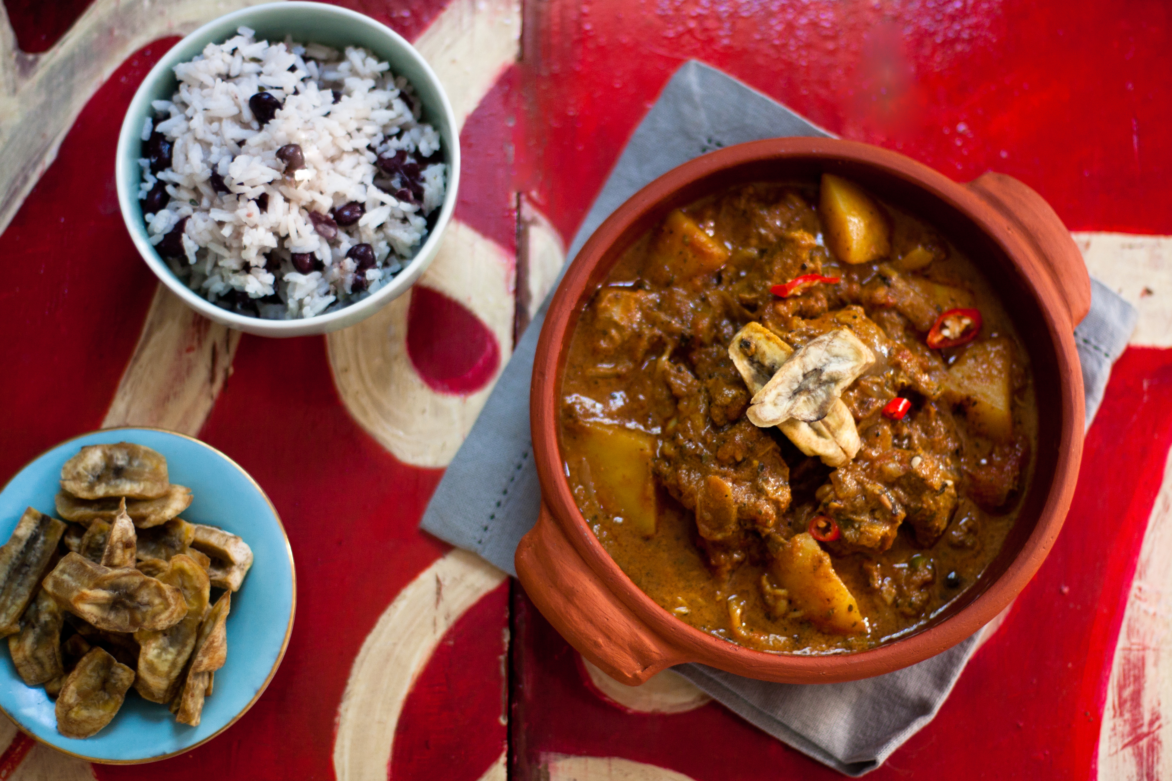 Jamaican Goat Curry with Baked Bananas and Rice & Peas Recipe