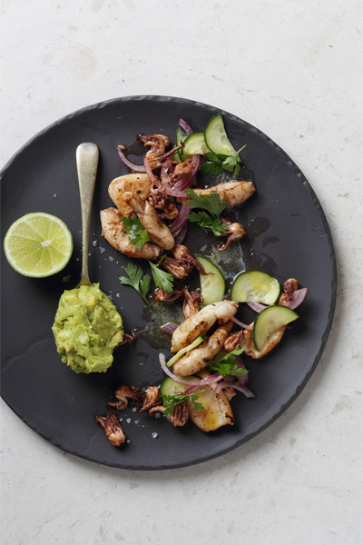 Chargrilled Calamari with Pickled Cucumber, Red Onion and Guacamole