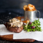 Rib Eye Steak with Green Peppercorn & Mushroom Sauce