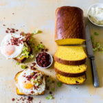 Carrot Bread with Fried Eggs, Creamed Ricotta and Chorizo Crumbs