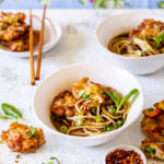 Asian Noodle Broth with Tempura Vegetable Cakes