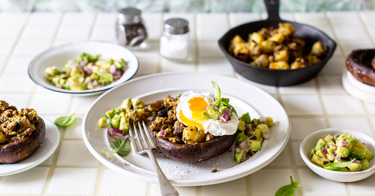 Breakfast Mushrooms with Mince Hash and Poached Eggs