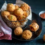 Cheesy Rice Balls with Chorizo Dust and Chipotle Dipping Sauce