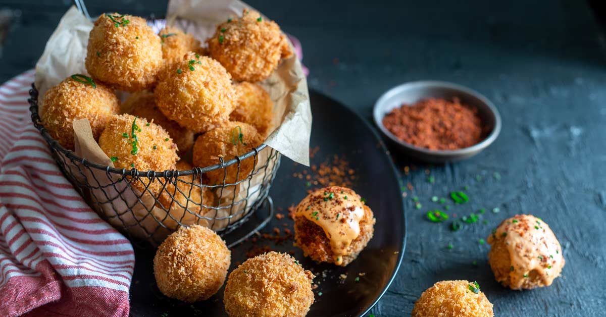 Cheesy Rice Balls with Chorizo Dust and Chipotle Dipping Sauce