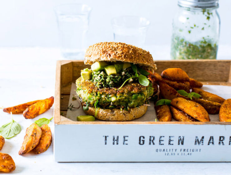 Green Vegan Burger with Chimichurri Pesto and Potato Wedges