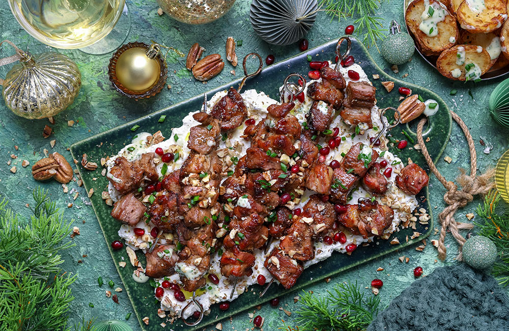 Christmas pork recipes shot by Crush Magazine for SA Pork | Image featuring Pork Neck Skewers with Date BBQ Sauce & Pecan Nut Crumble