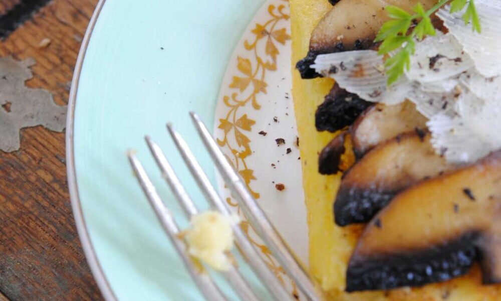 Polenta Slices with Brown Mushrooms and a Garlic, Anchovy, Caper and Parmesan Paste
