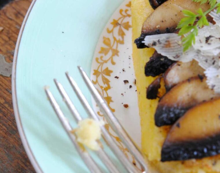 Polenta Slices with Brown Mushrooms and a Garlic, Anchovy, Caper and Parmesan Paste