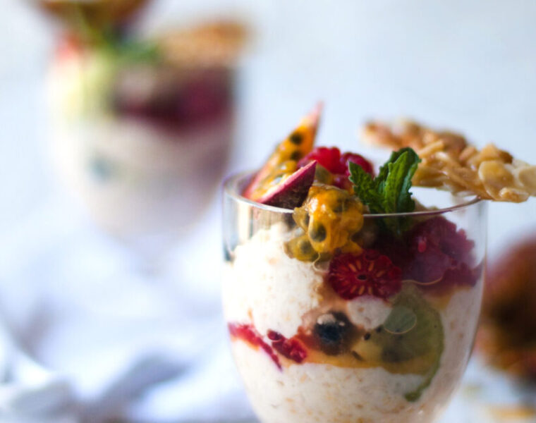 Bircher Muesli with Seasonal Fruit & Caramelised Almond Crunch. A healthy yet super scrumptious breakfast option.