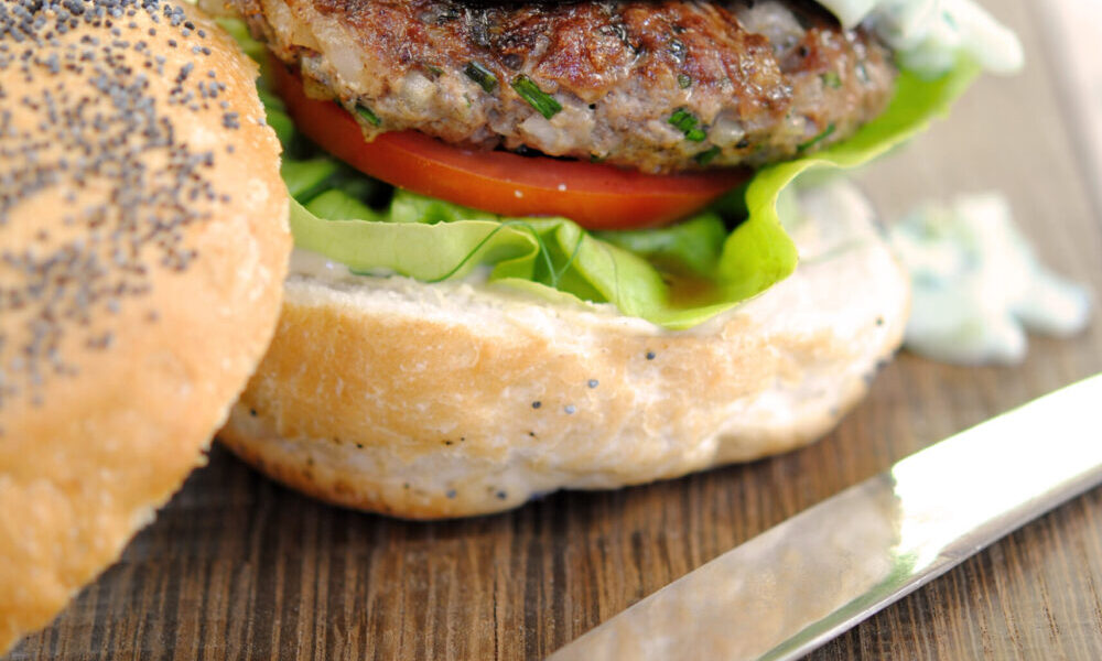 Greek Lamb Burger with Grilled Aubergine, Hummus and Tzatziki