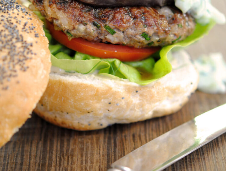 Greek Lamb Burger with Grilled Aubergine, Hummus and Tzatziki