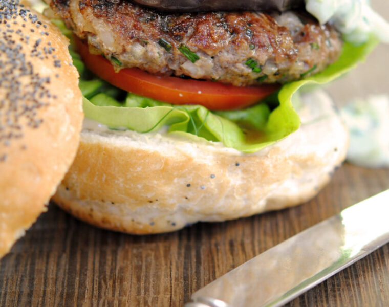 Greek Lamb Burger with Grilled Aubergine, Hummus and Tzatziki