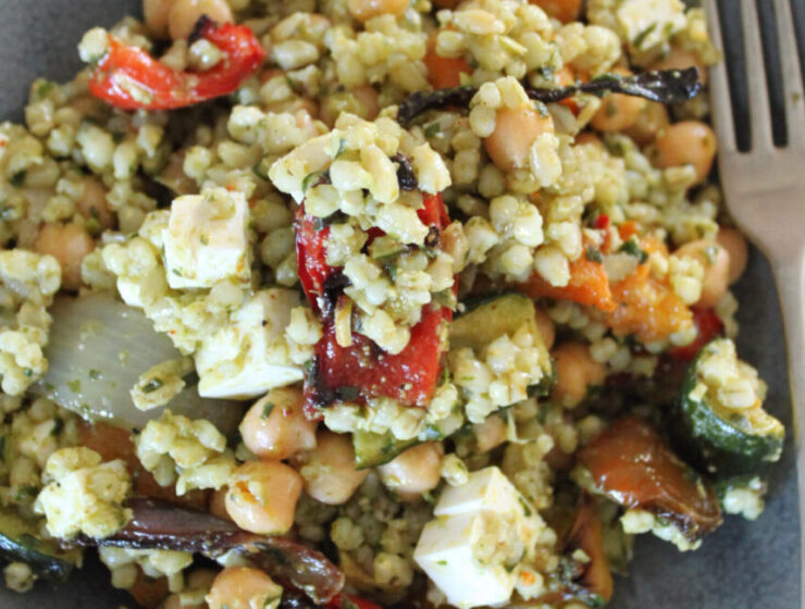 Warm Barley and Chickpea Salad with Roasted Vegetables