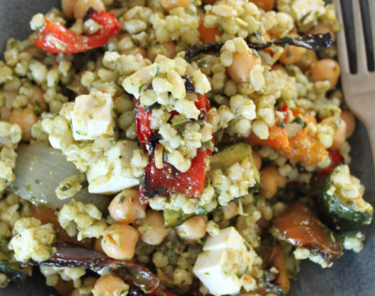 Warm Barley and Chickpea Salad with Roasted Vegetables