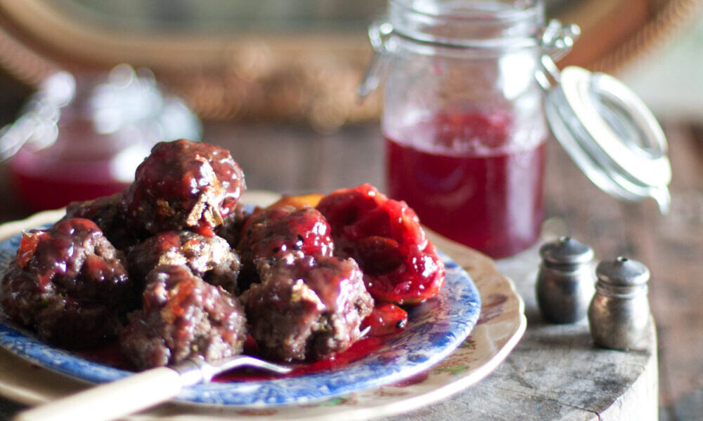 Meatballs with a Plum Glaze and Black Sesame Seeds