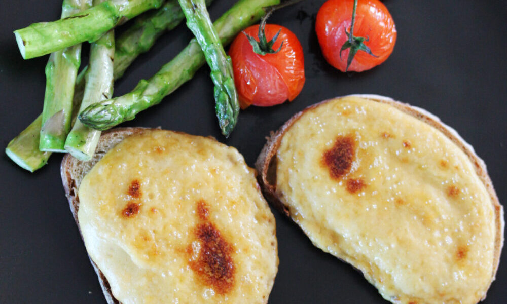 Welsh Rarebit with Grilled Asparagus and Roasted Tomatoes Recipe