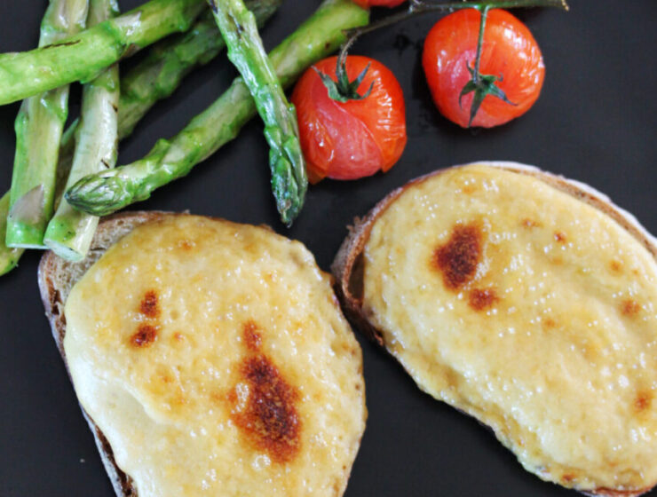 Welsh Rarebit with Grilled Asparagus and Roasted Tomatoes Recipe
