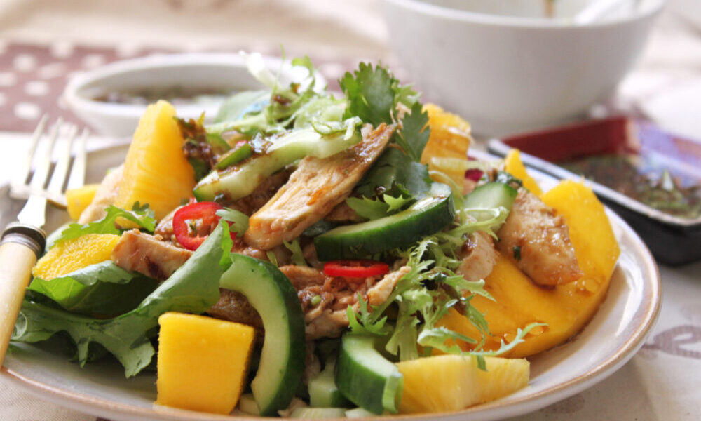 Tropical Chicken Salad with Soy, Ginger and Chilli Dressing