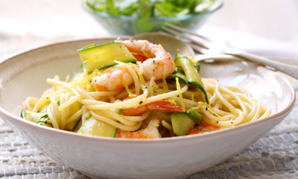 Spaghetti with Garlic and Lemon Prawns and Courgettes