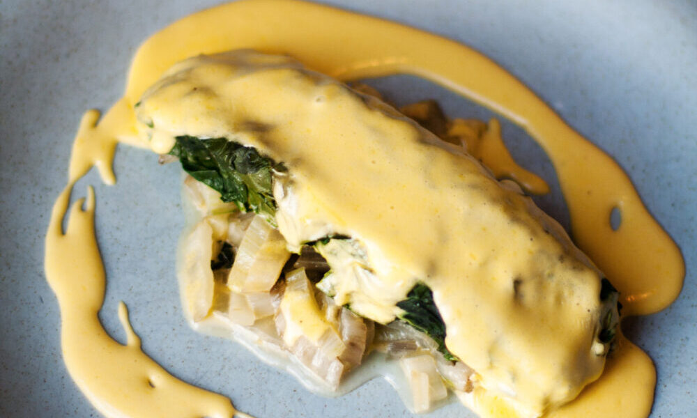 Hake Steamed in Swiss Chard with Braised Chard Stalks & Hollandaise Sauce Recipe