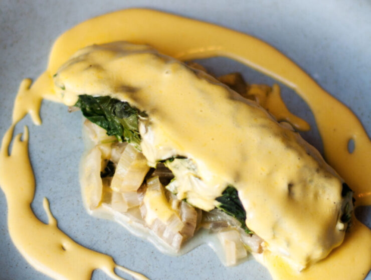 Hake Steamed in Swiss Chard with Braised Chard Stalks & Hollandaise Sauce Recipe