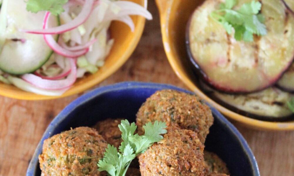 Homemade Falafels with Grilled Aubergine & Pickled Salad
