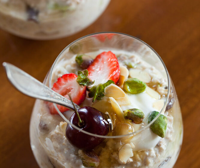 Bircher Muesli with Toasted Almonds, Pistachios and Seasonal Berries