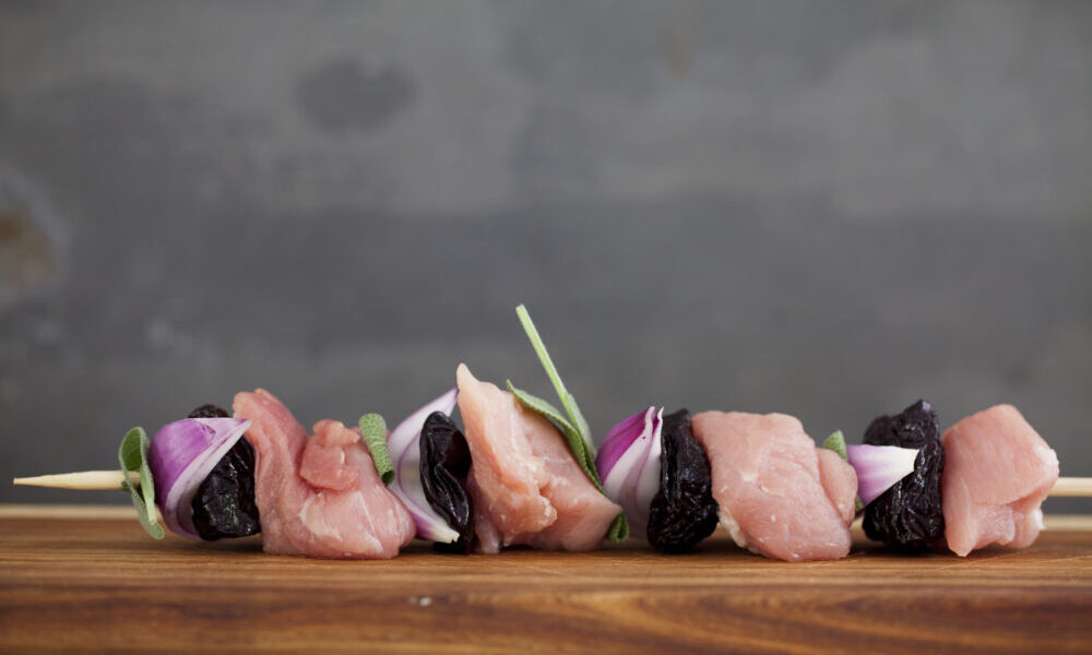 Pork, Sage, Prune and Onion Kebabs with a Sticky Honey-and-Mustard Marinade