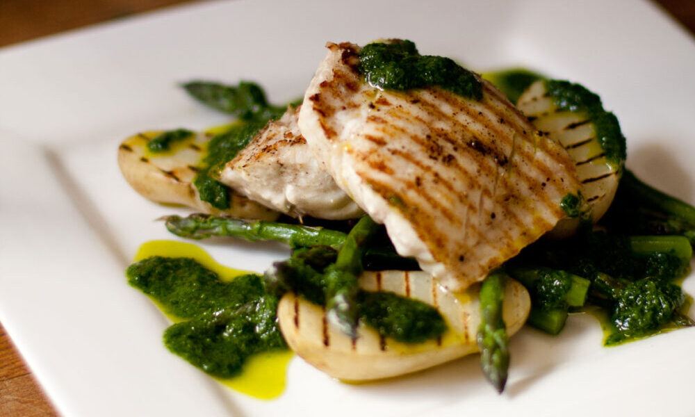 Angelfish with Grilled Asparagus and Roasted Garlic & Parsley Dressing