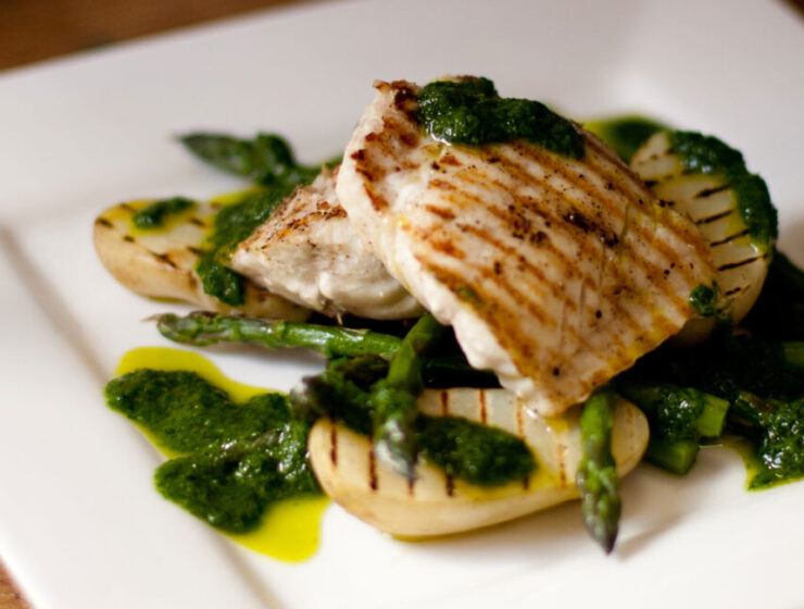 Angelfish with Grilled Asparagus and Roasted Garlic & Parsley Dressing