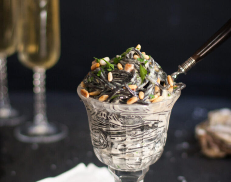 Black Squid Ink Pasta with Oyster Carbonara Sauce