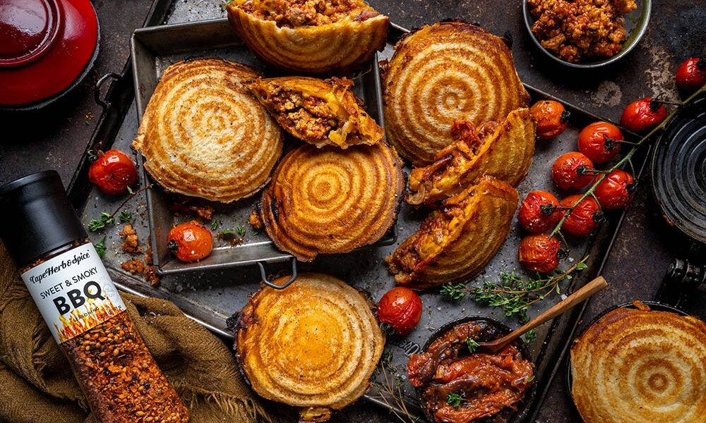 South African Heritage recipes. Cheesy Pork Mince Jaffles for Cape Herb & Spice and SA Pork. Image by Crush Online