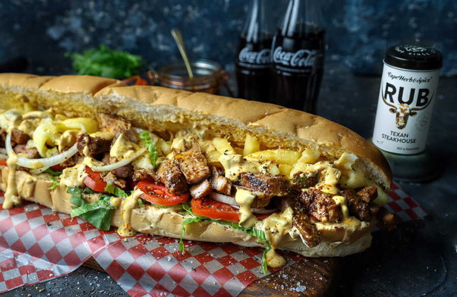 South African Heritage recipes. Pork Steak Gatsby with Mango Atchar Mayo for Cape Herb & Spice and SA Pork. Image by Crush Online