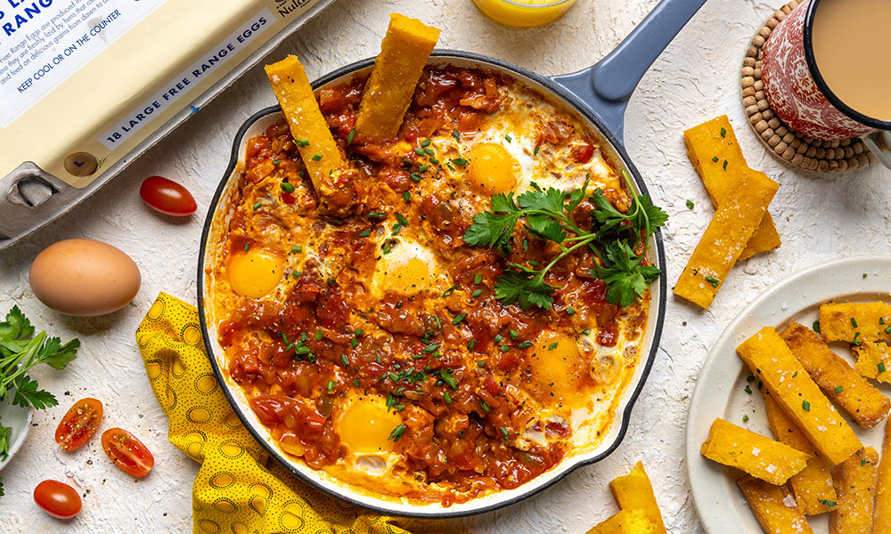 Chakalaka Baked Eggs with Crispy Pap Soldiers | Heritage Day recipe