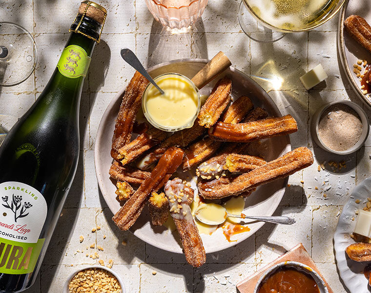 Churros with Salted Caramel Sauce paired with Leopard's Leap Natura De-alcoholised Sparkling