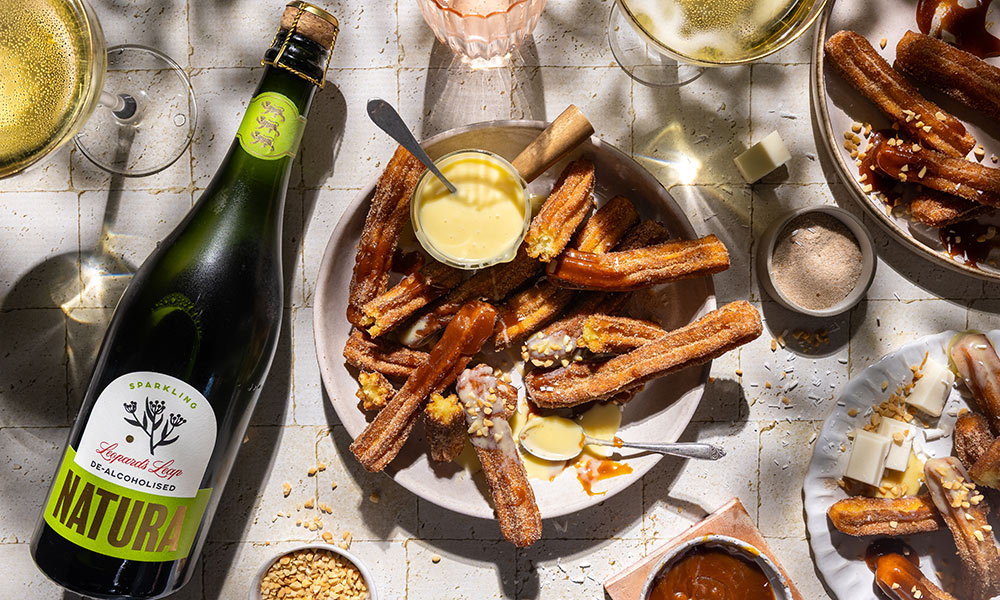 Churros with Salted Caramel Sauce paired with Leopard's Leap Natura De-alcoholised Sparkling