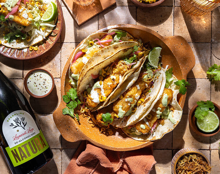 Crispy Fish Tacos with Jalapeno & Lime Slaw paired with Leopard's Leap Natura De-alcoholised Sparkling