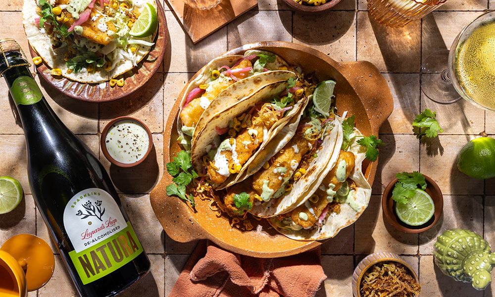 Crispy Fish Tacos with Jalapeno & Lime Slaw paired with Leopard's Leap Natura De-alcoholised Sparkling